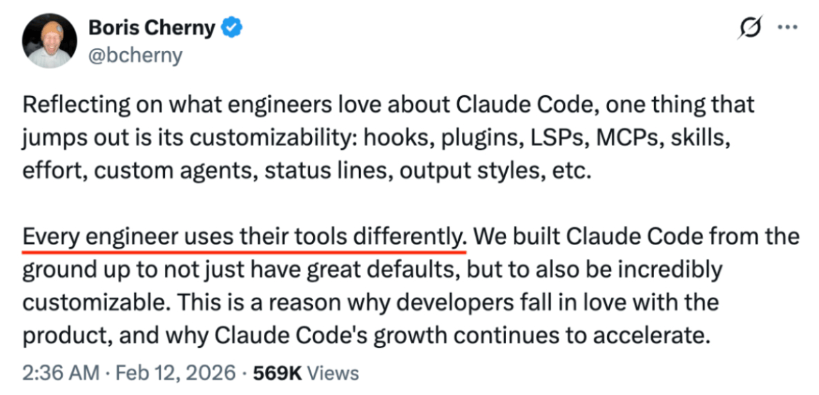 Boris Cherny tweet about Claude Code customizability